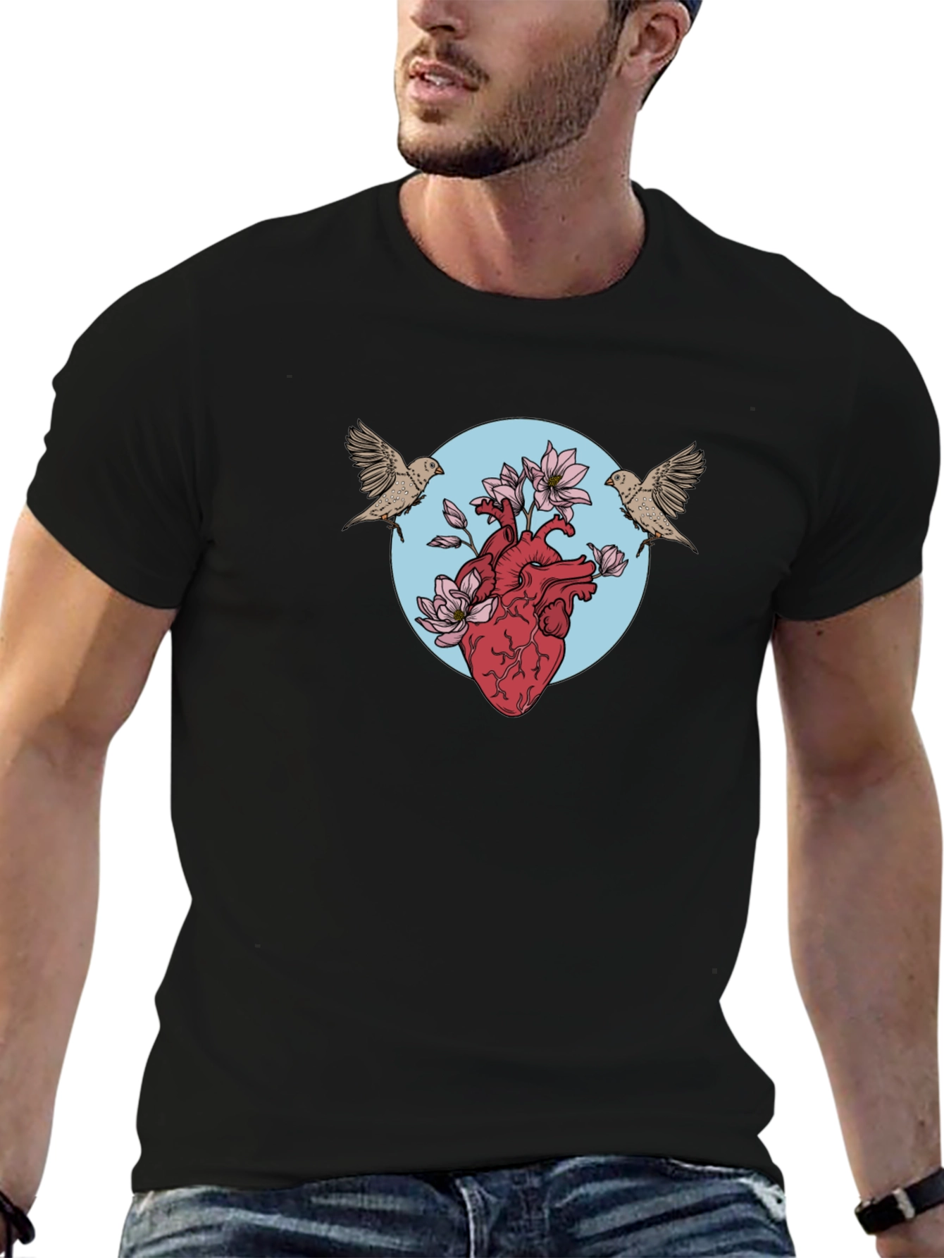 Heart & Birds Graphic Tee - Unique Design