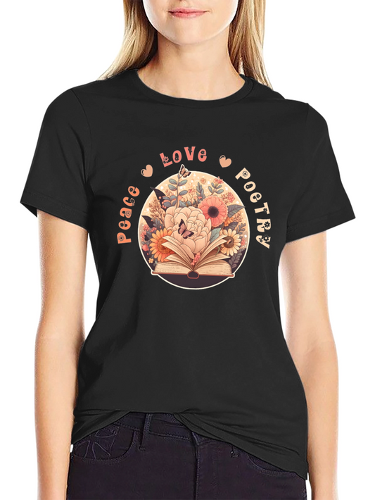 Peace Love Poetry T-Shirt - Floral Book Design