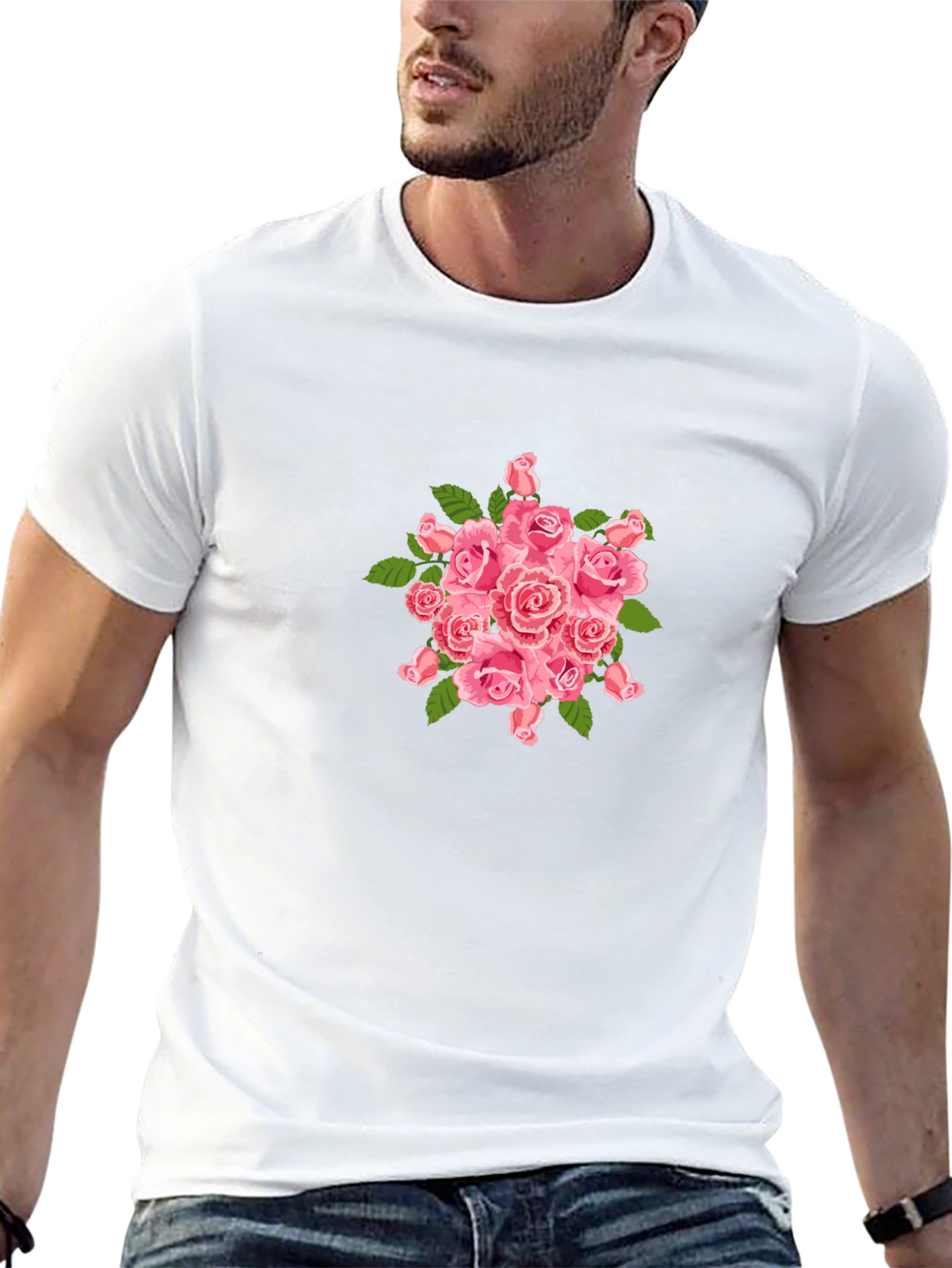 Mens Black T-Shirt with Pink Roses Design