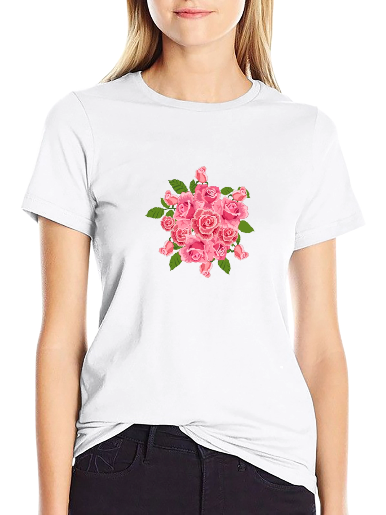 Mens Black T-Shirt with Pink Roses Design