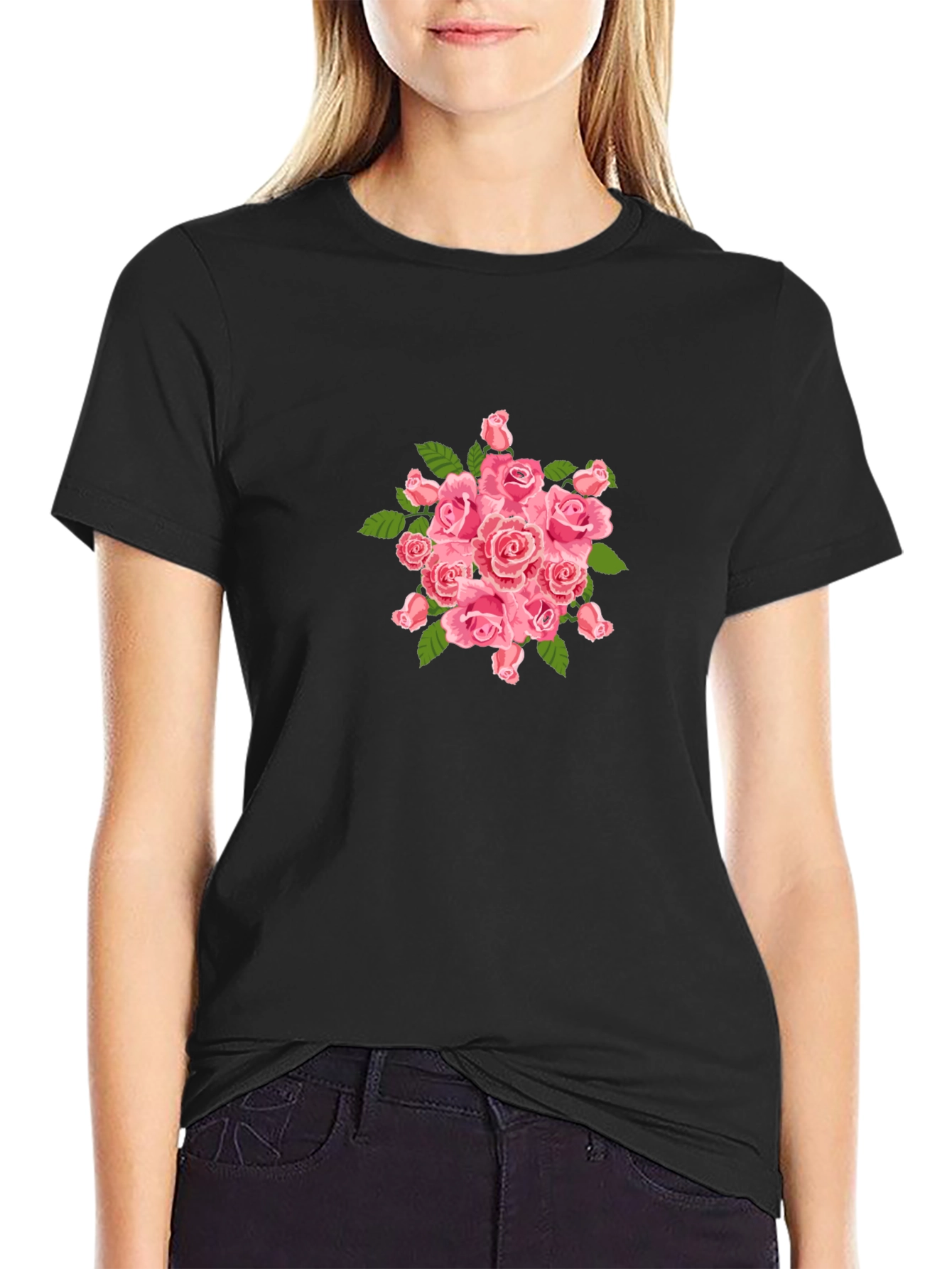 Mens Black T-Shirt with Pink Roses Design