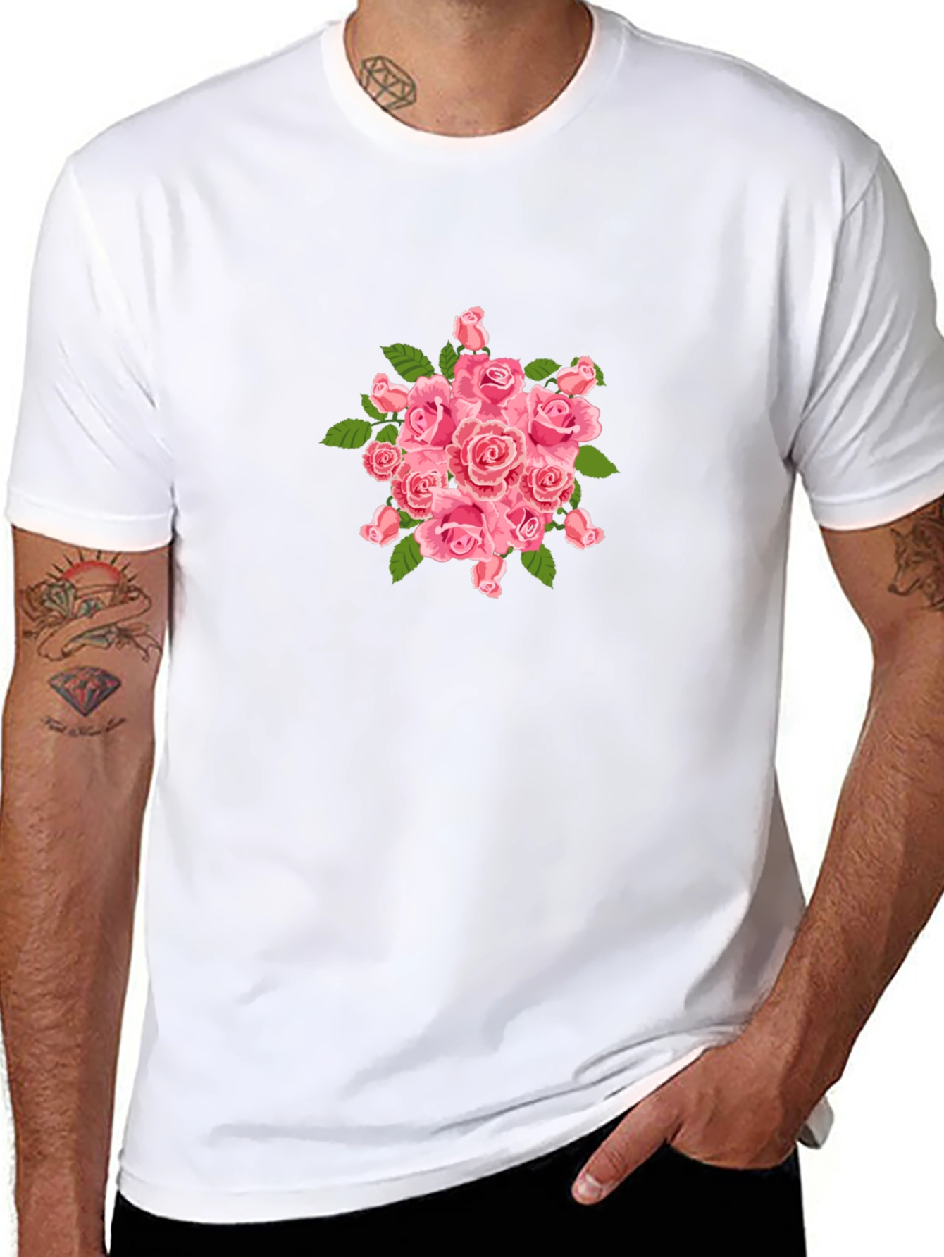 Mens Black T-Shirt with Pink Roses Design