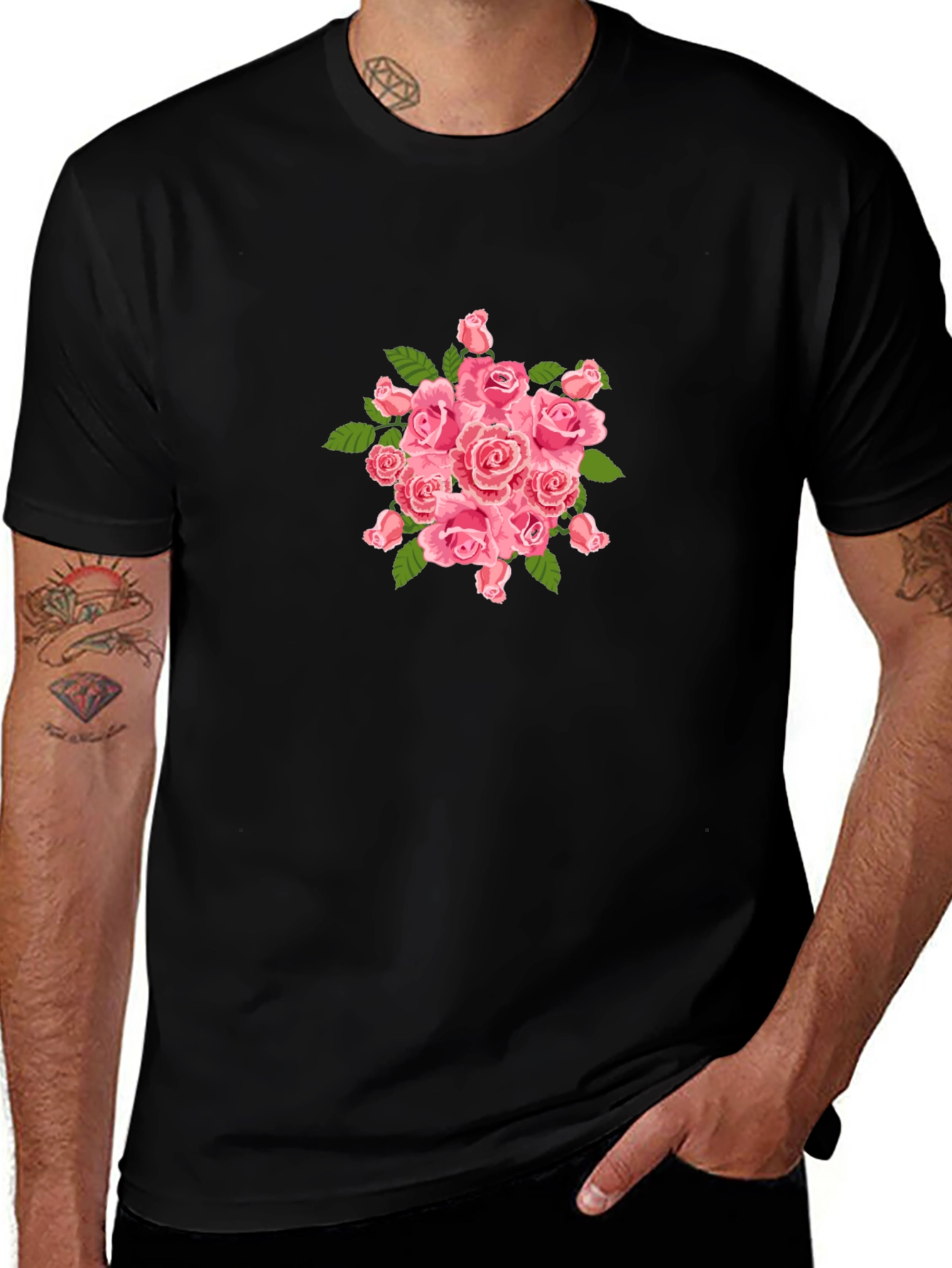 Mens Black T-Shirt with Pink Roses Design