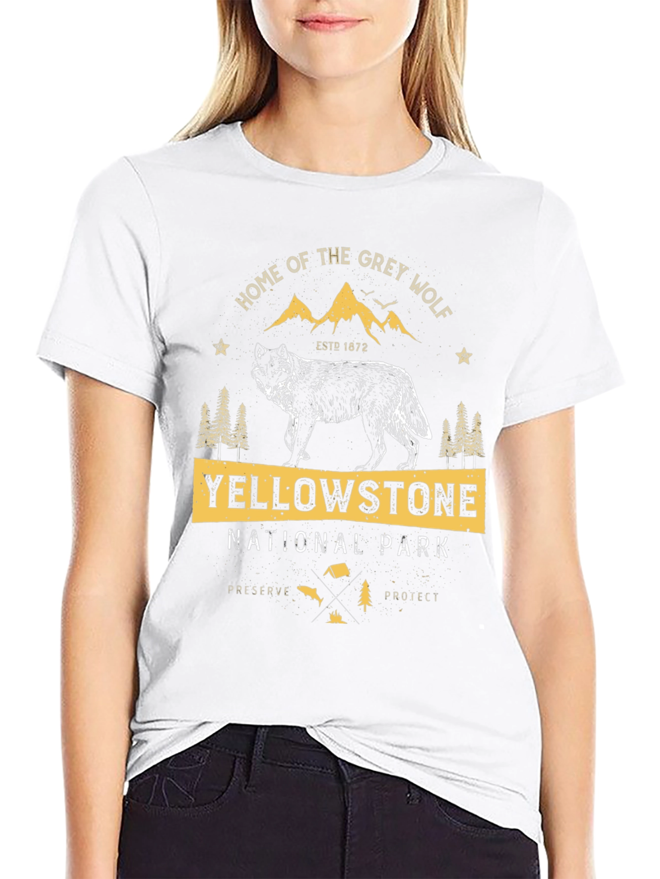 Yellowstone National Park Grey Wolf Black T-Shirt