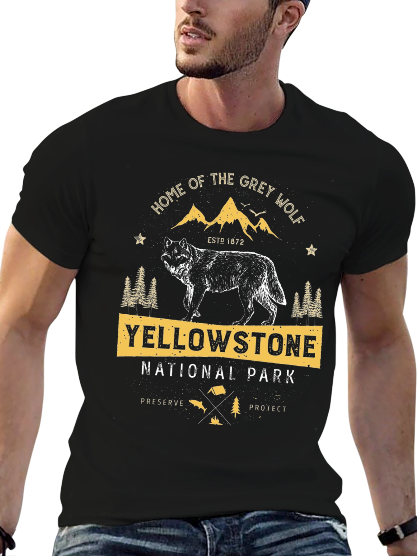 Yellowstone National Park Grey Wolf Black T-Shirt