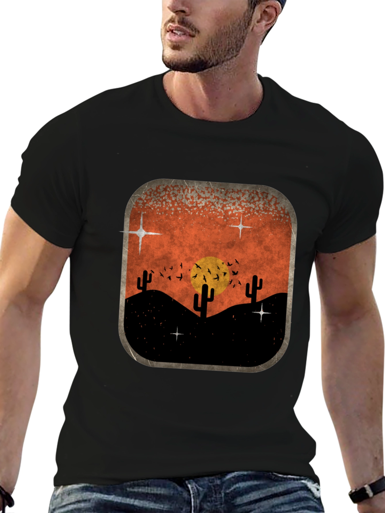 Retro Desert Sunset Graphic Tee - Classic Black
