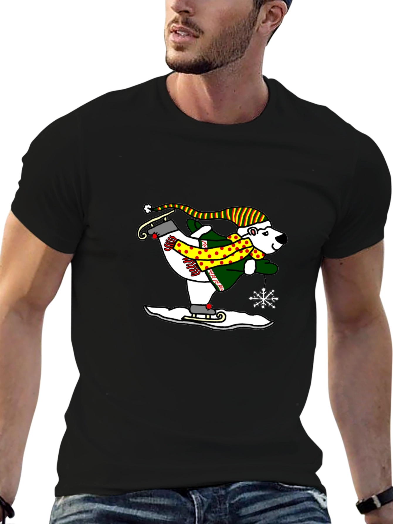 Polar Bear Ice Skating Graphic Tee - Black