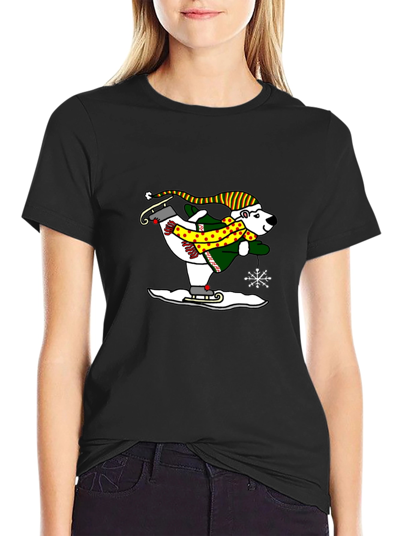 Polar Bear Ice Skating Graphic Tee - Black