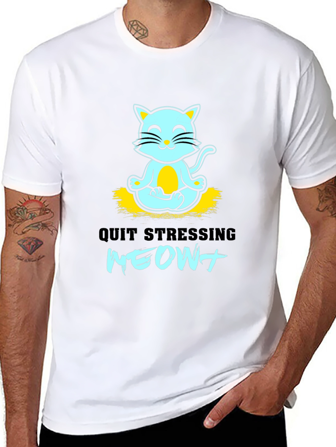 Meditating Cat Graphic Tee - Quit Stressing Meow!