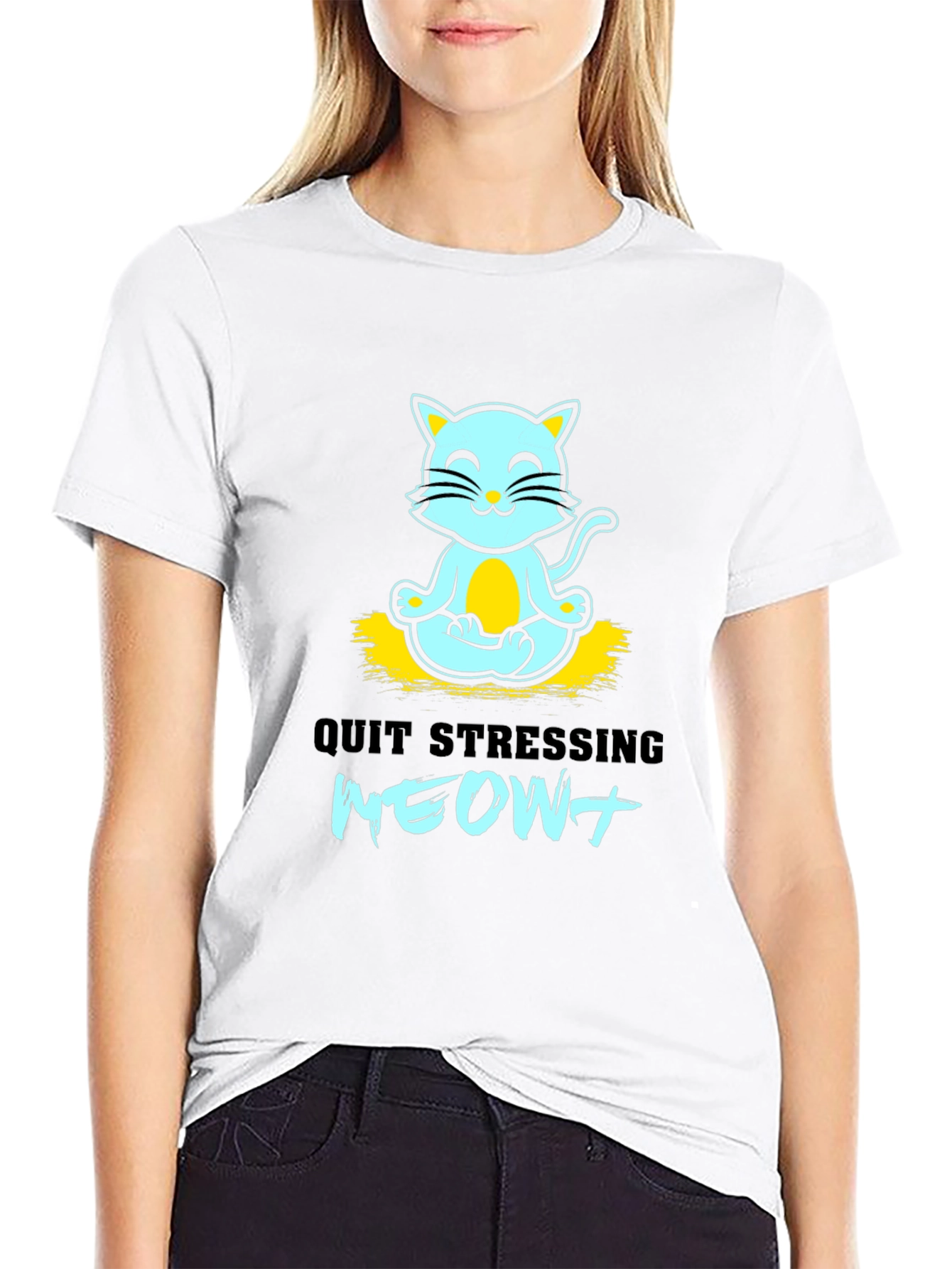 Meditating Cat Graphic Tee - Quit Stressing Meow!