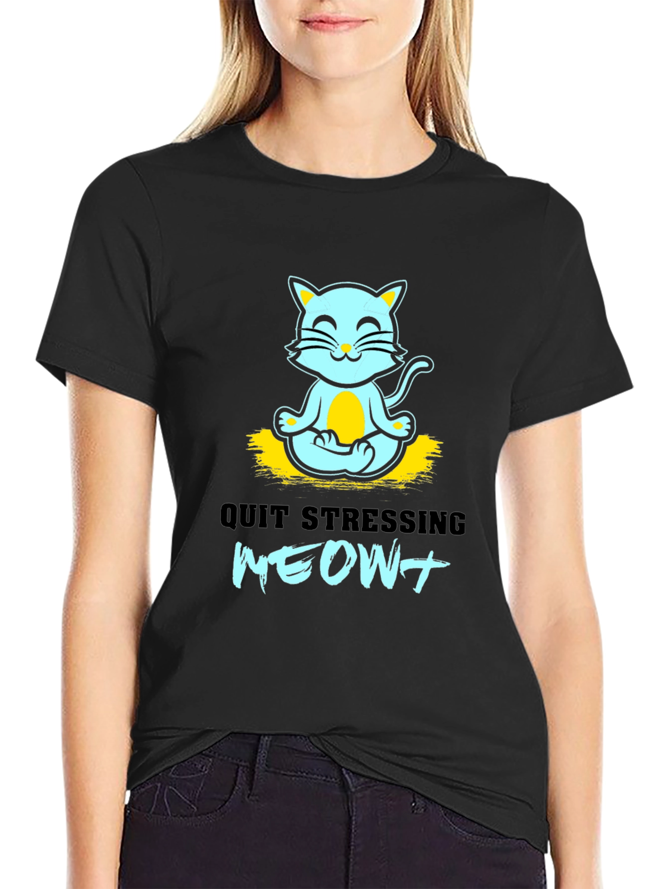 Meditating Cat Graphic Tee - Quit Stressing Meow!