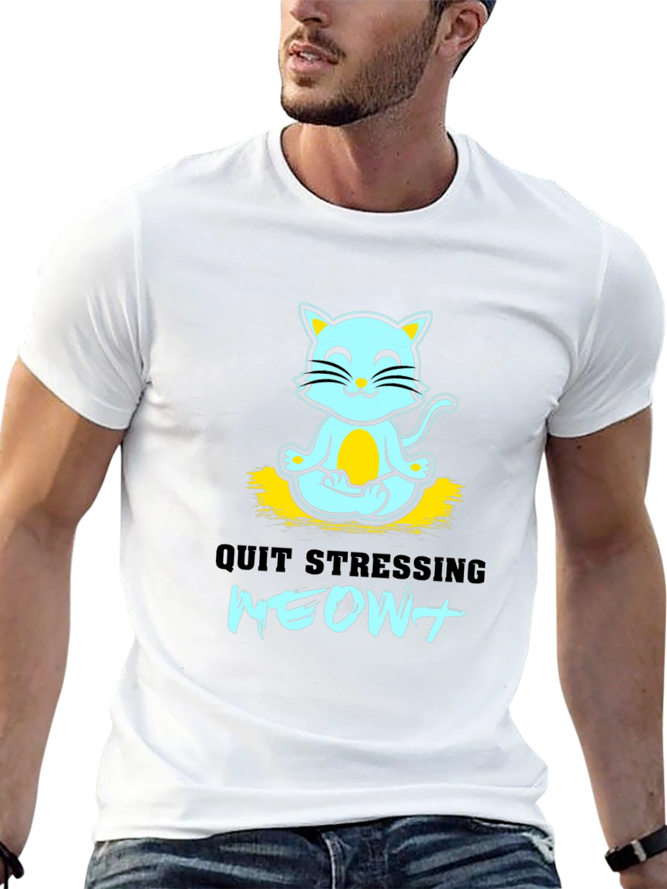 Meditating Cat Graphic Tee - Quit Stressing Meow!