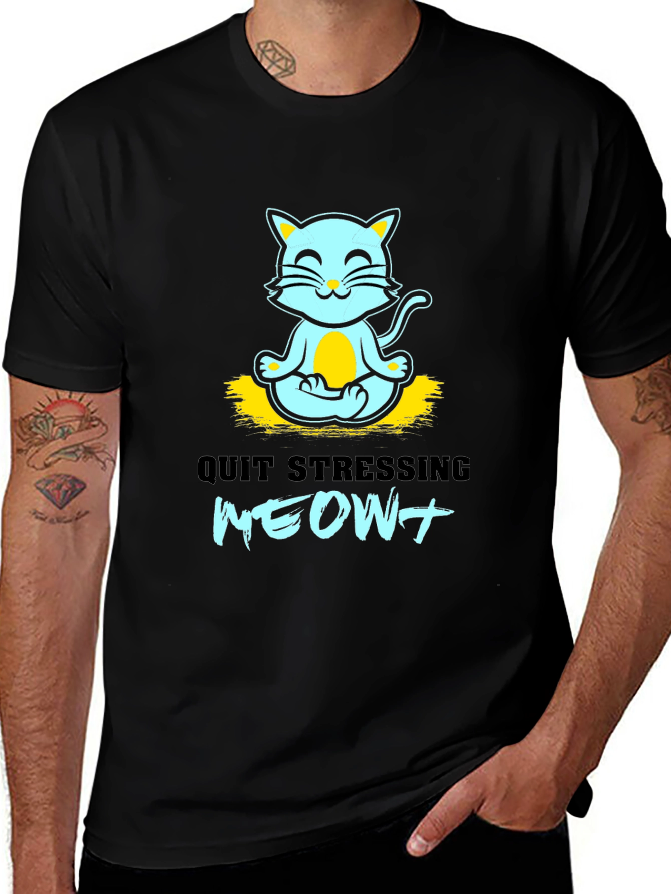 Meditating Cat Graphic Tee - Quit Stressing Meow!