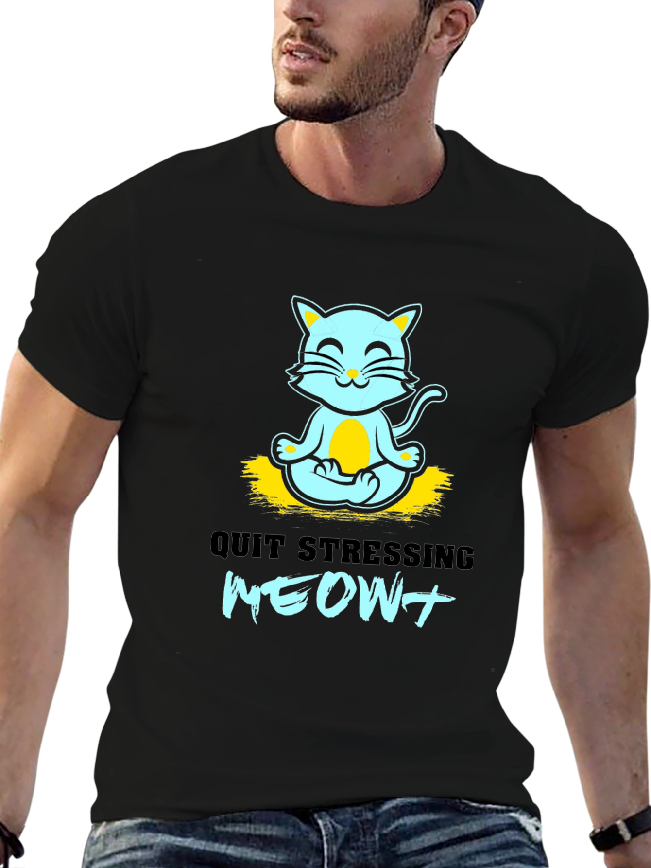 Meditating Cat Graphic Tee - Quit Stressing Meow!