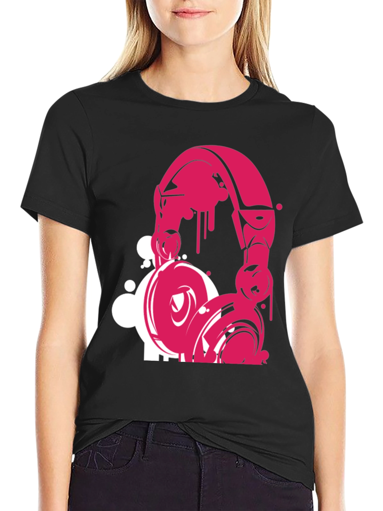 Pink Headphone Graphic Black T-Shirt