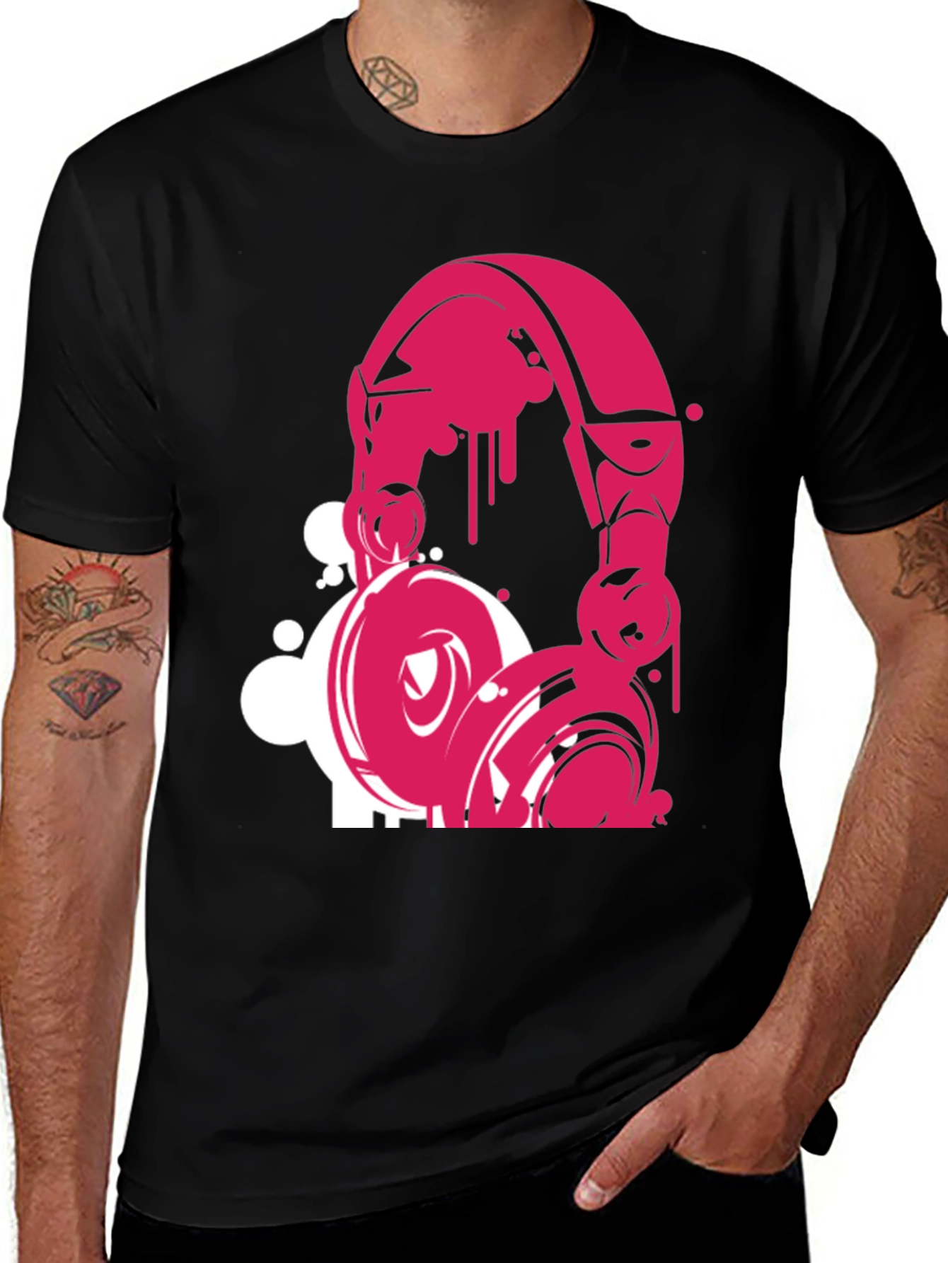 Pink Headphone Graphic Black T-Shirt