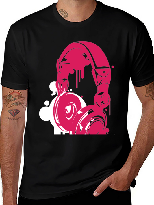 Pink Headphone Graphic Black T-Shirt
