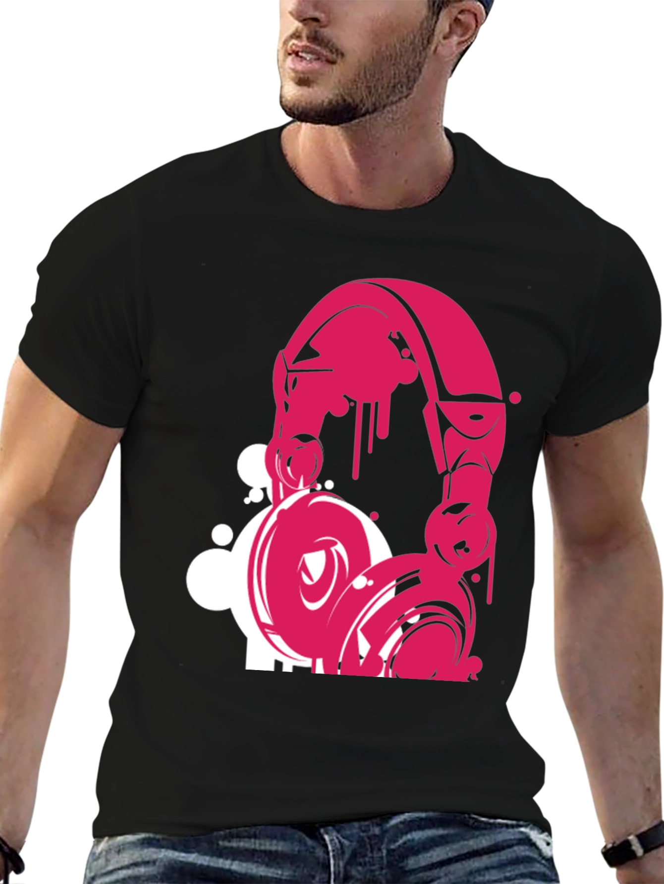 Pink Headphone Graphic Black T-Shirt