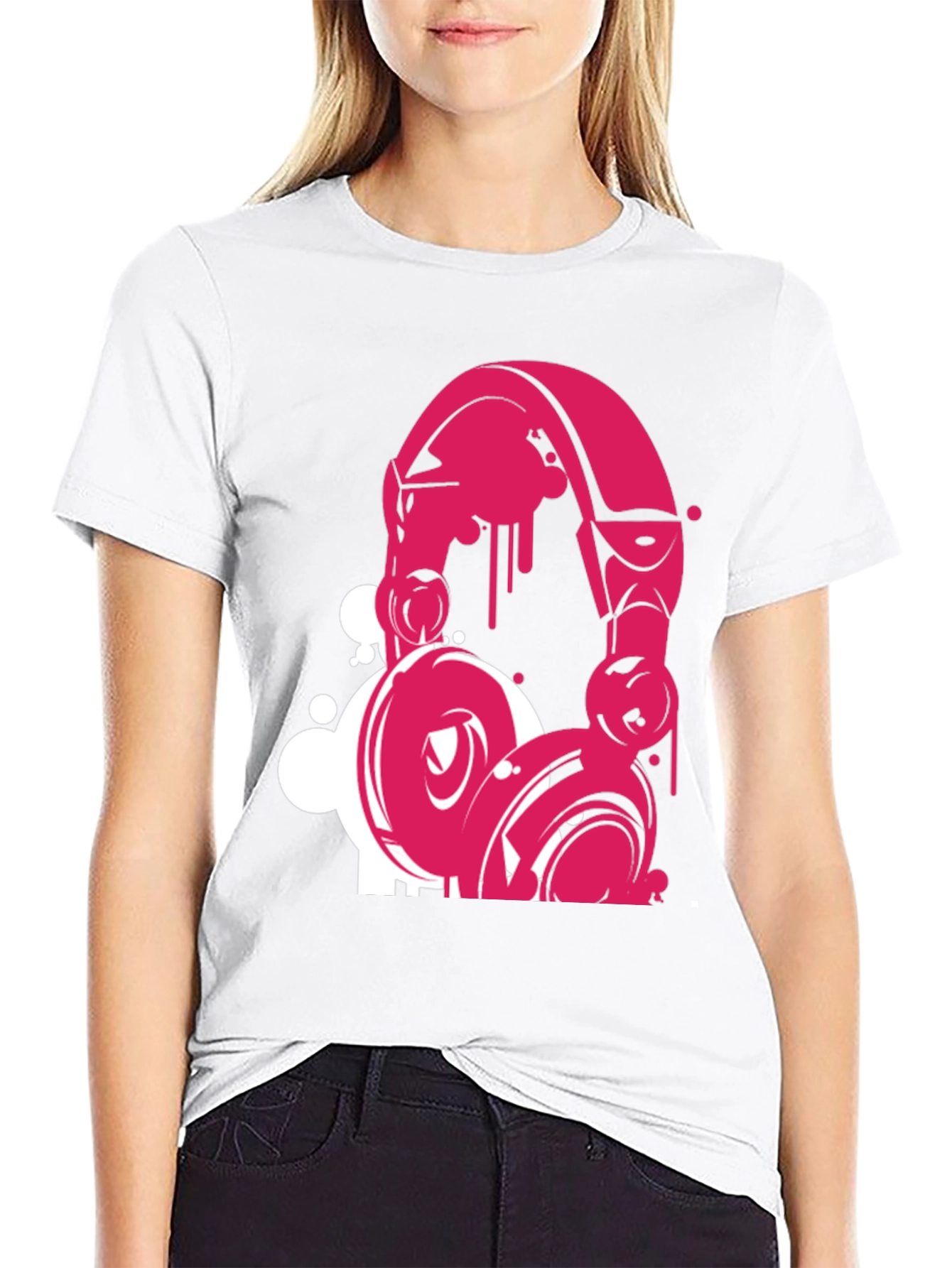 Pink Headphone Graphic Black T-Shirt