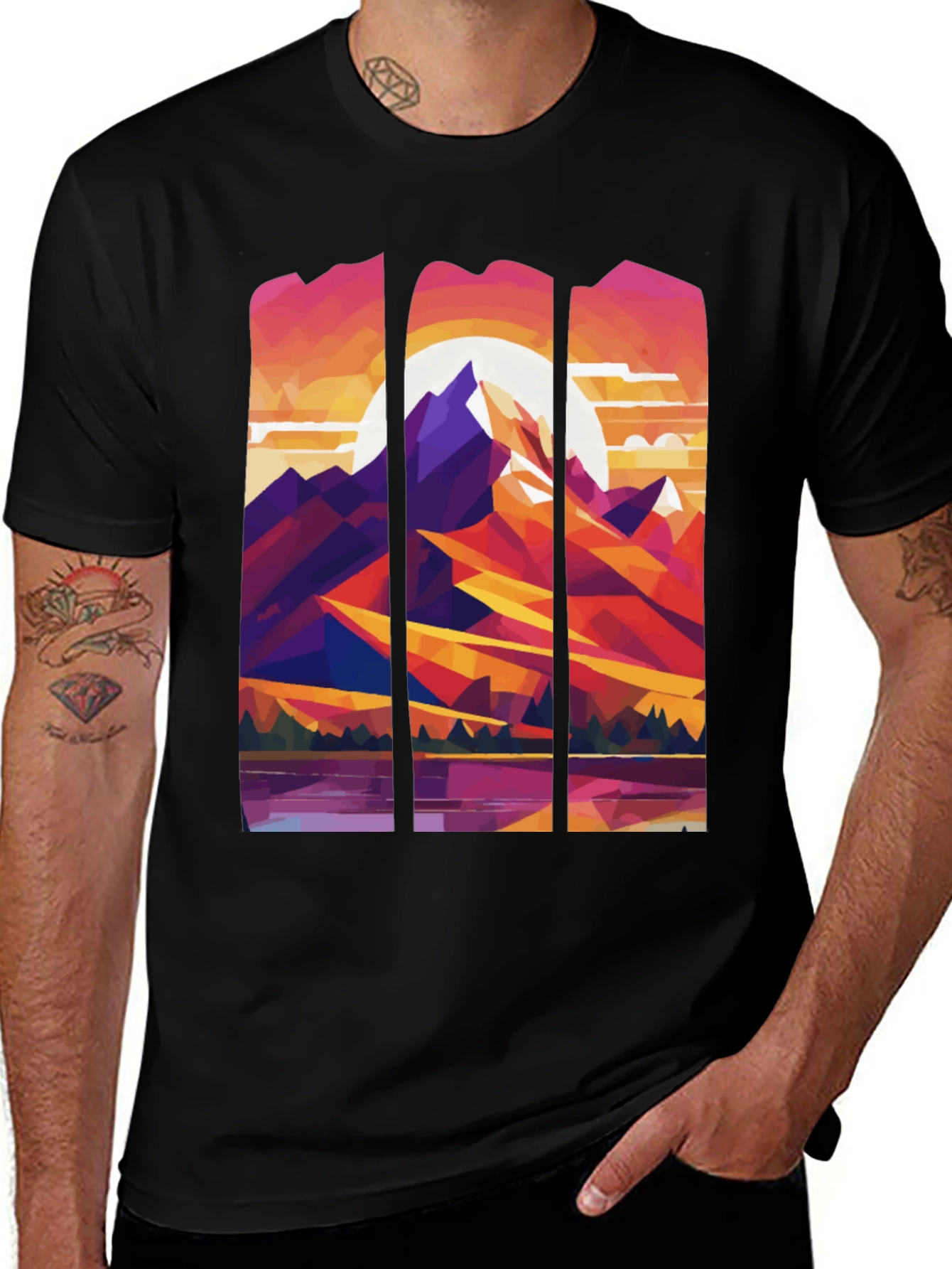 Abstract Geometric Mountain Graphic Tee - Black