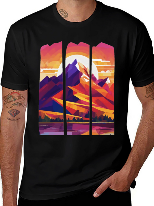 Abstract Geometric Mountain Graphic Tee - Black