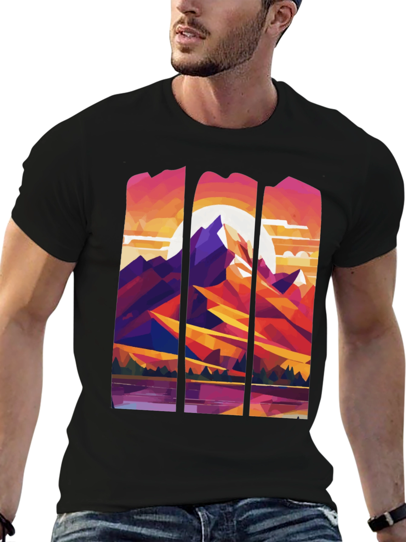 Abstract Geometric Mountain Graphic Tee - Black