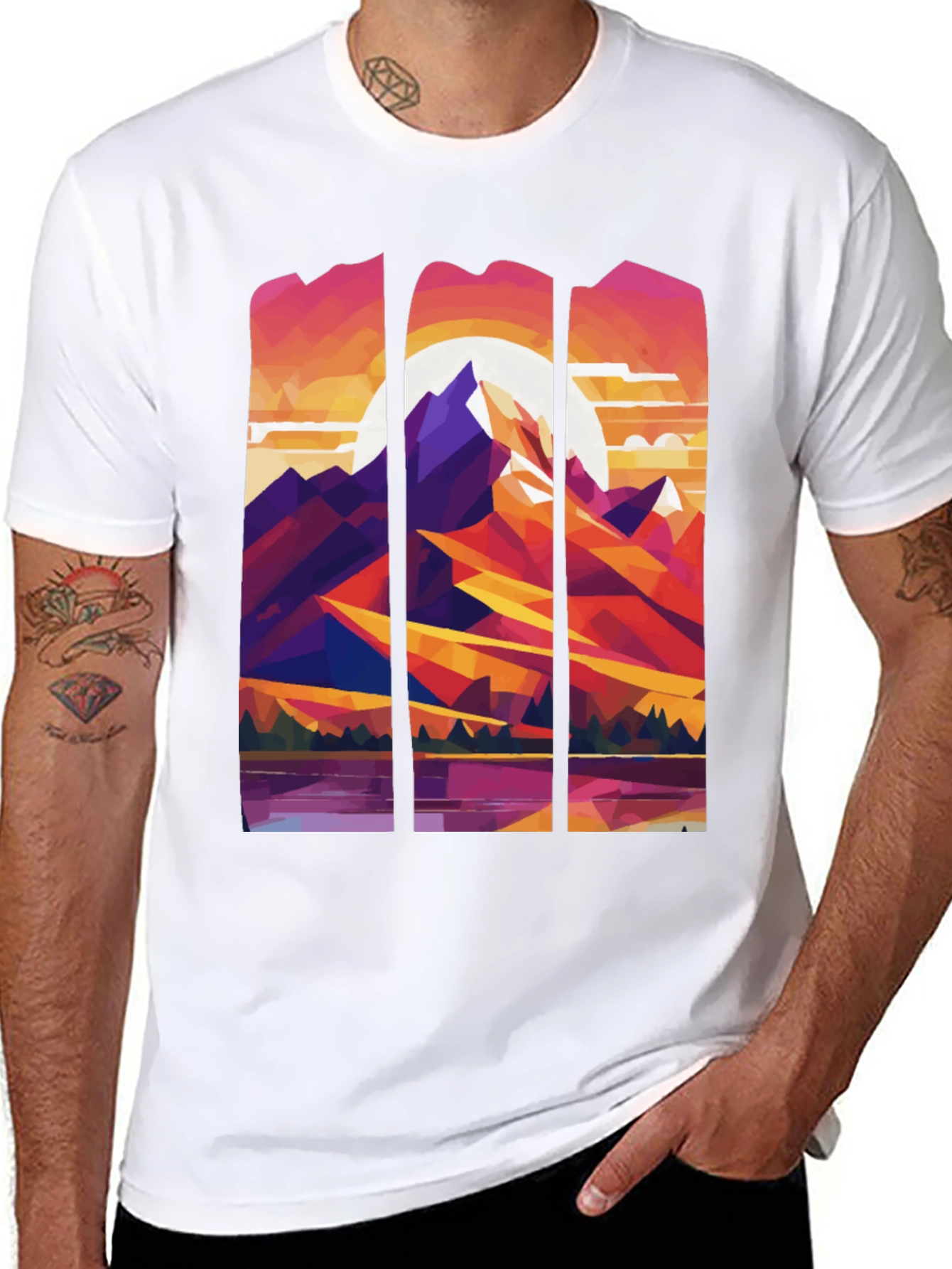Abstract Geometric Mountain Graphic Tee - Black