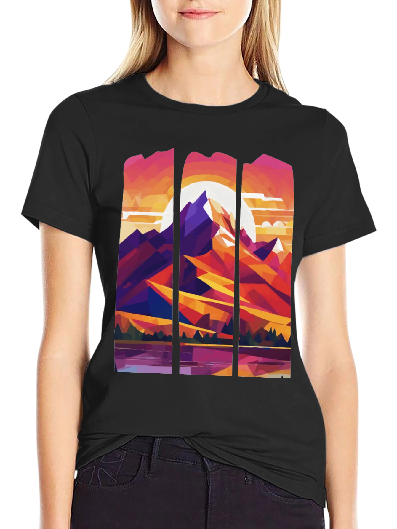 Abstract Geometric Mountain Graphic Tee - Black