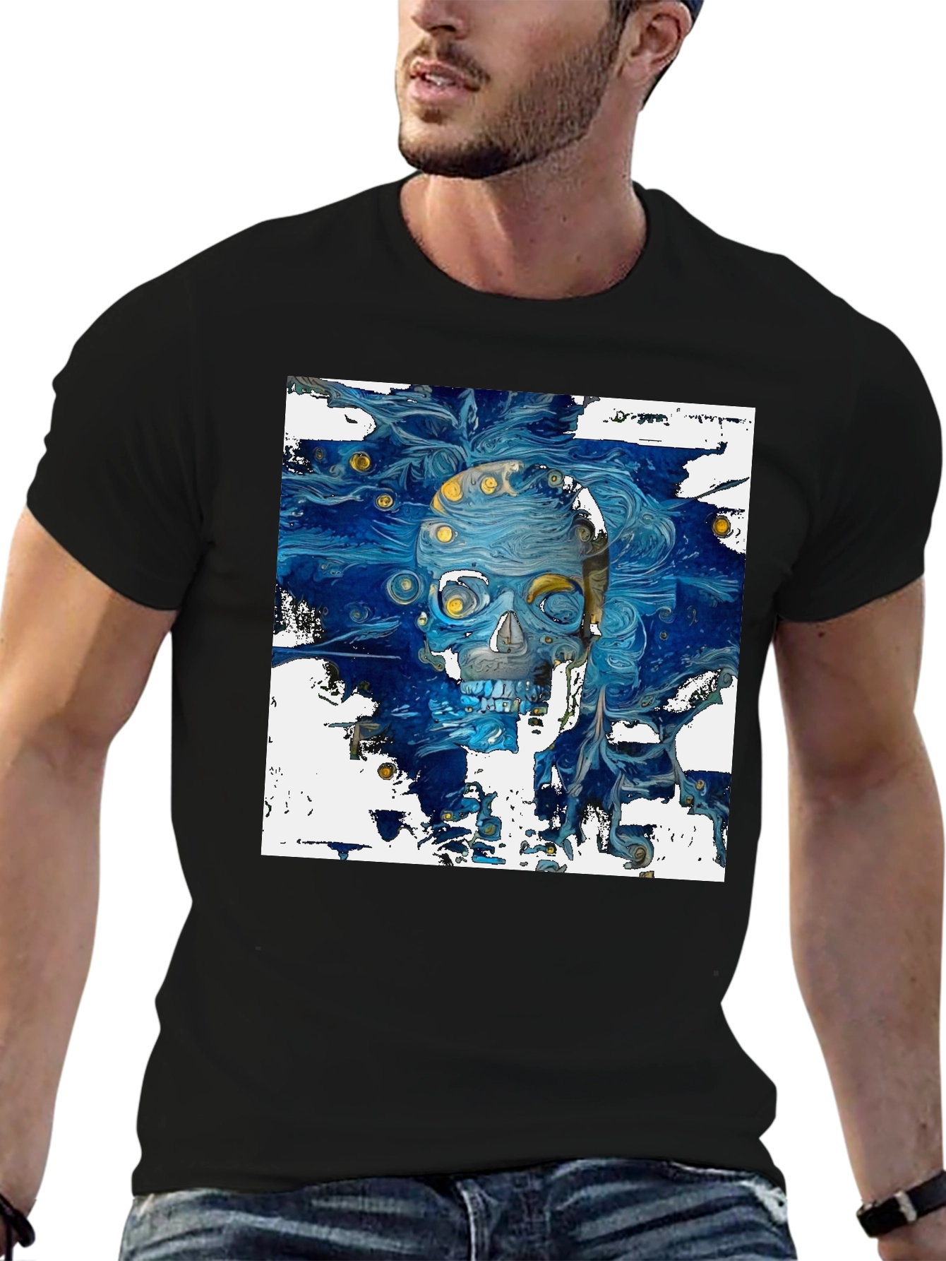 Artistic Skull Graphic T-Shirt - Dark Blue Print