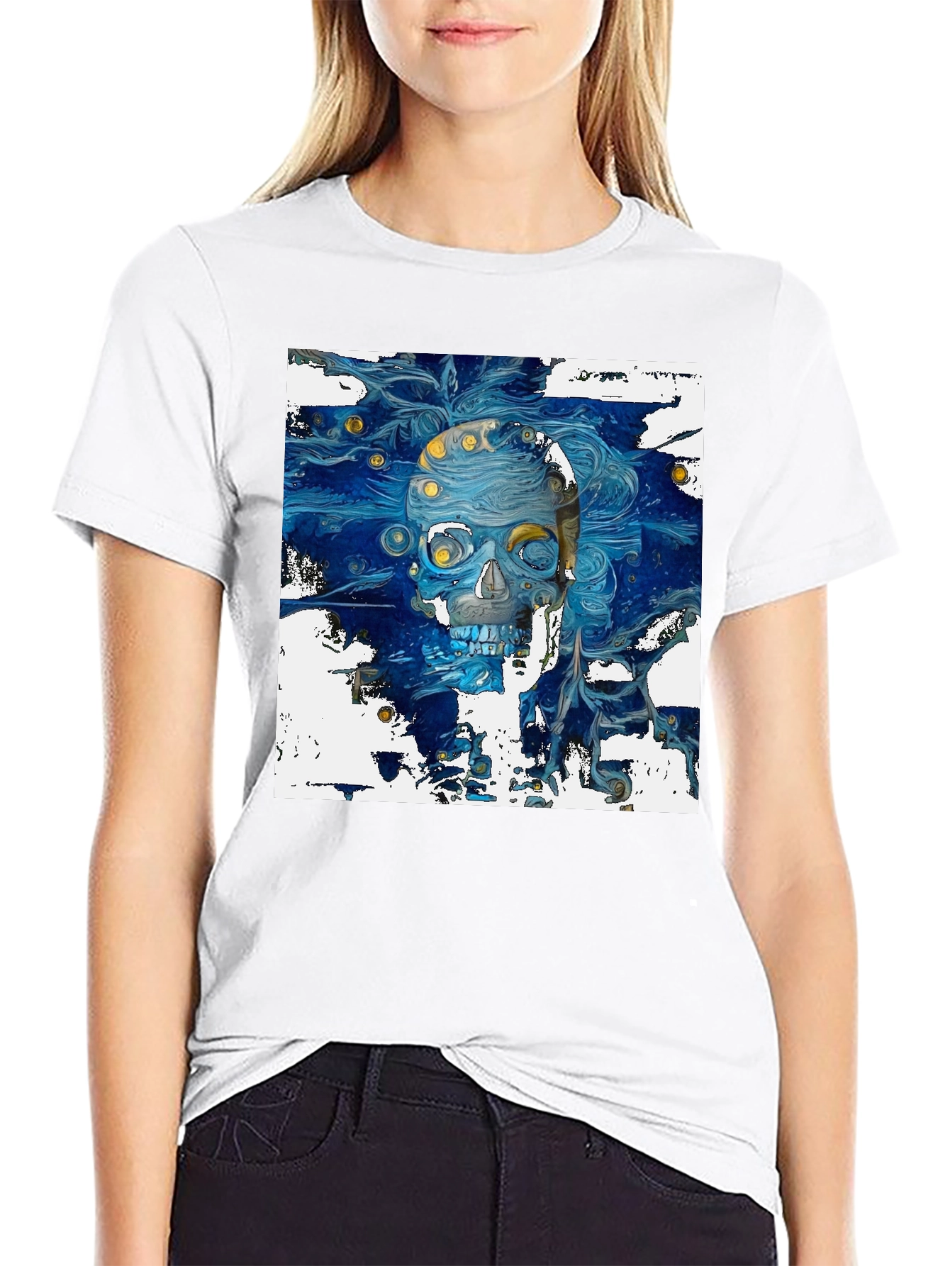 Artistic Skull Graphic T-Shirt - Dark Blue Print
