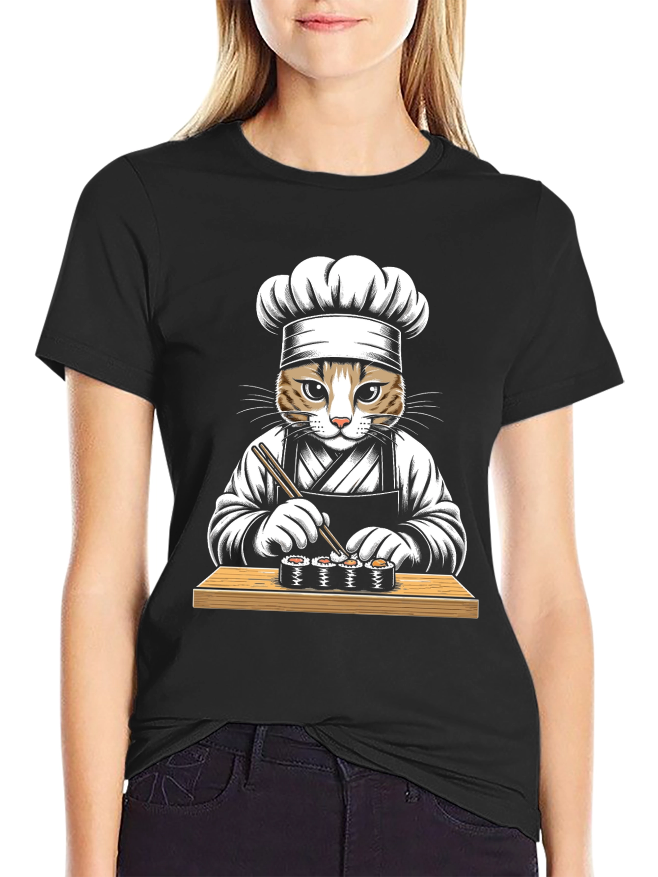 Cat Sushi Chef Graphic Tee - Unisex Black T-Shirt