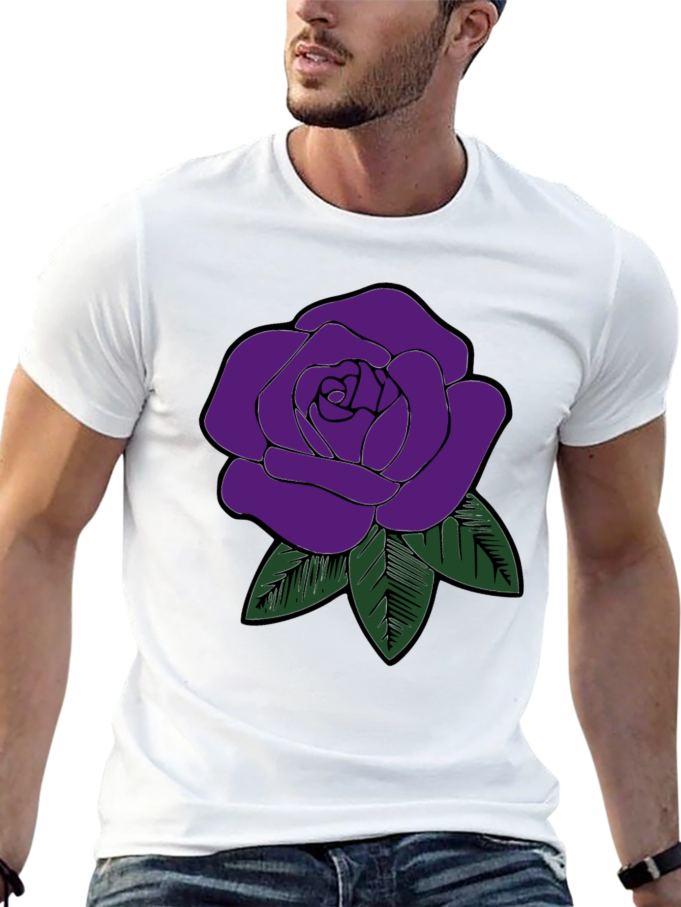 Mens Black T-Shirt with Purple Rose Graphic