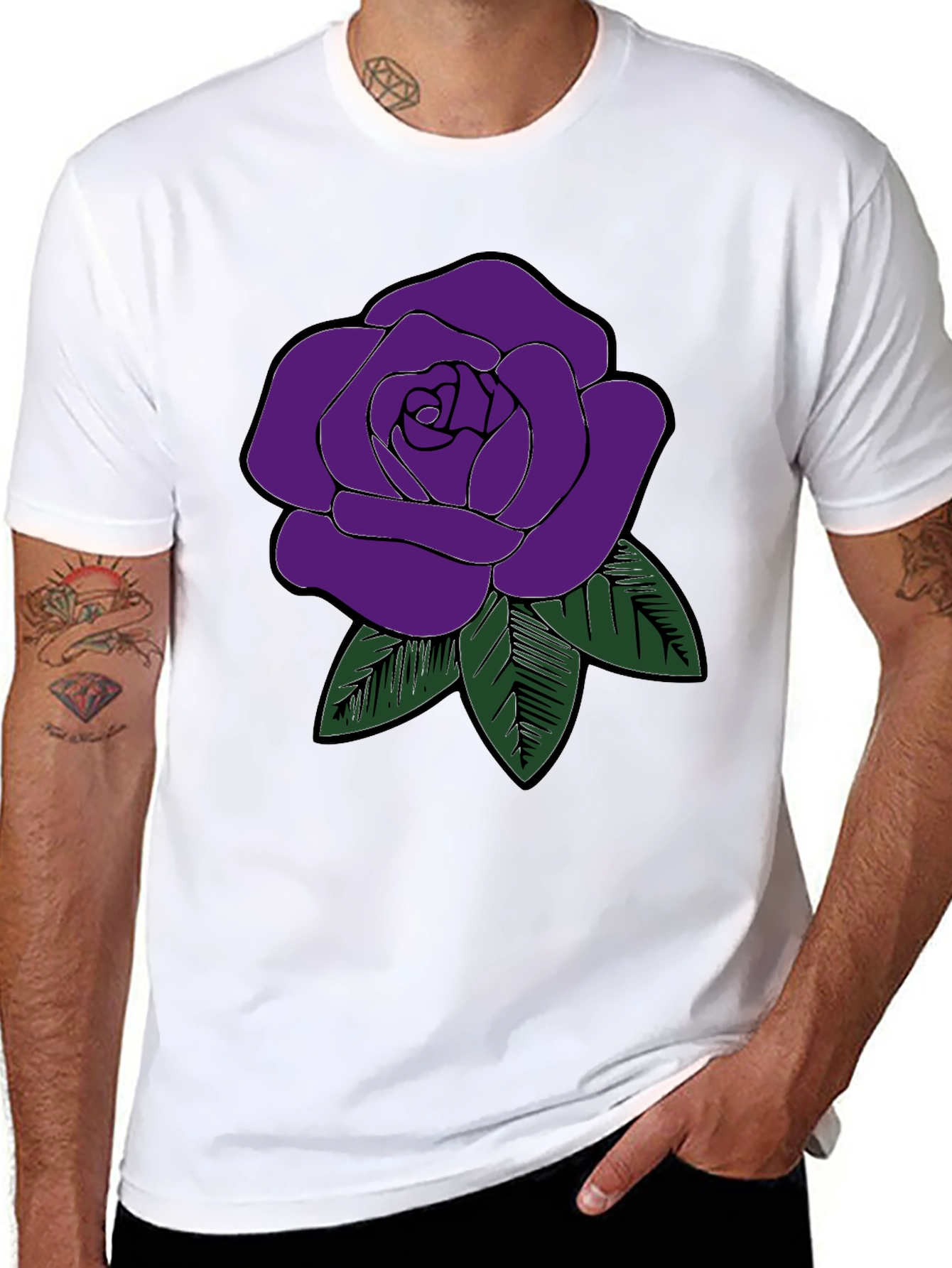 Mens Black T-Shirt with Purple Rose Graphic