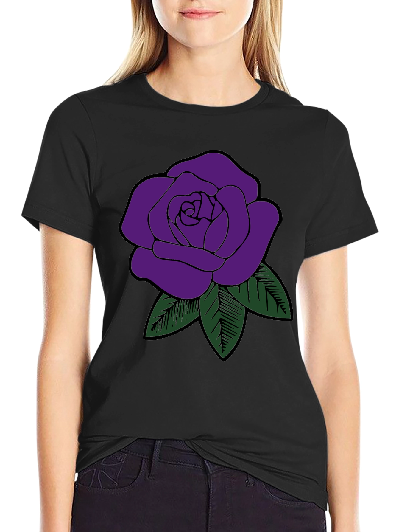 Mens Black T-Shirt with Purple Rose Graphic