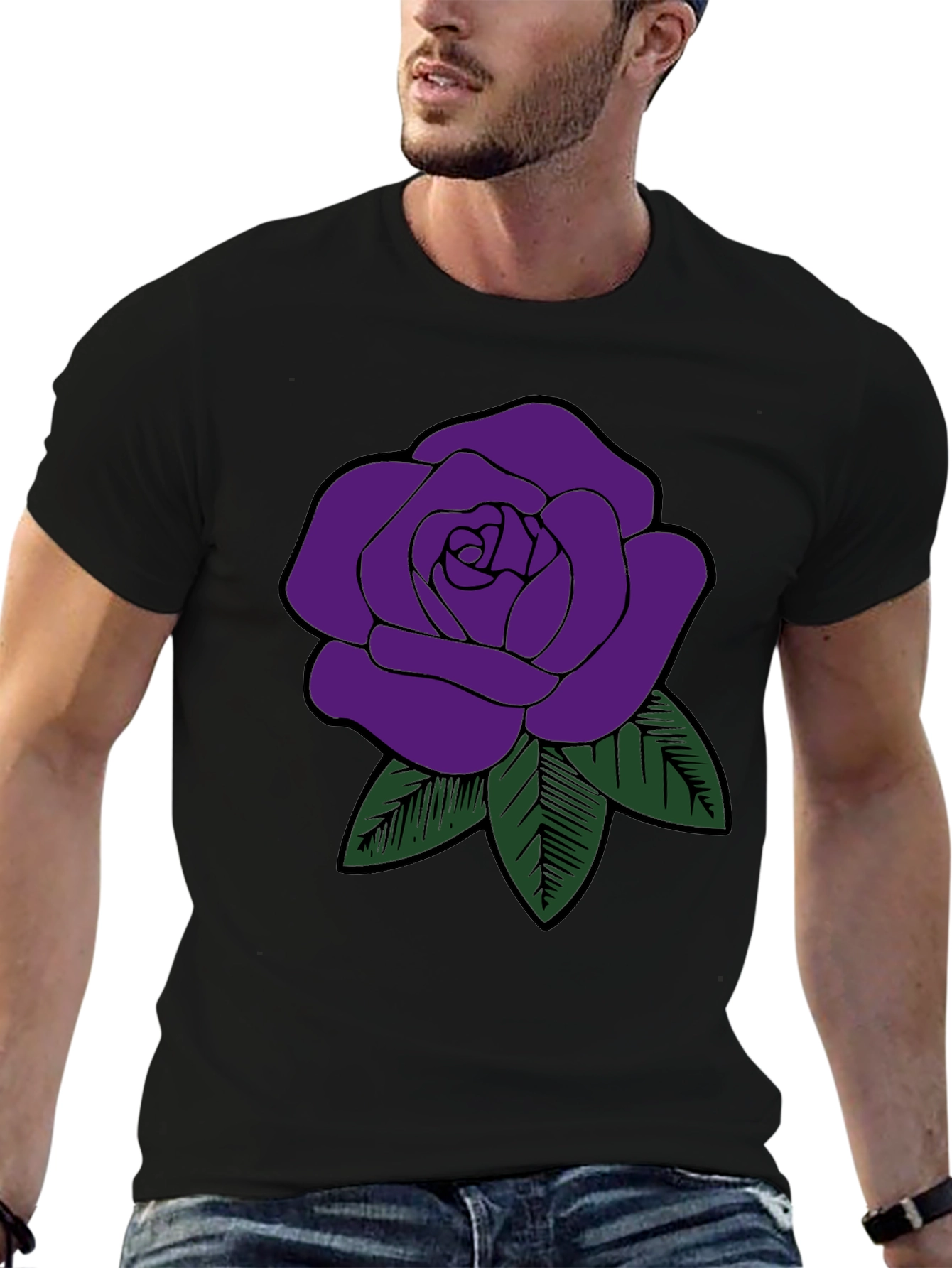 Mens Black T-Shirt with Purple Rose Graphic