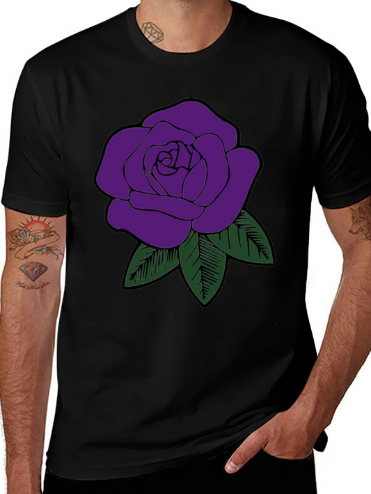 Mens Black T-Shirt with Purple Rose Graphic