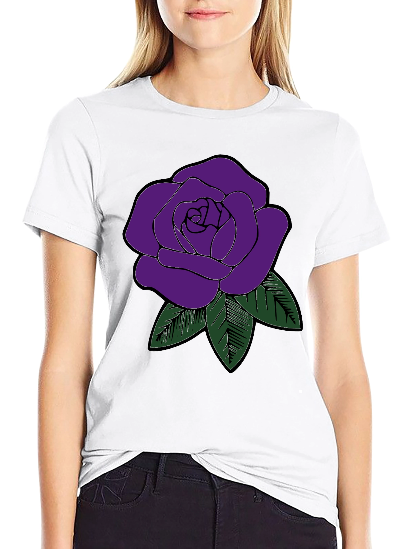 Mens Black T-Shirt with Purple Rose Graphic