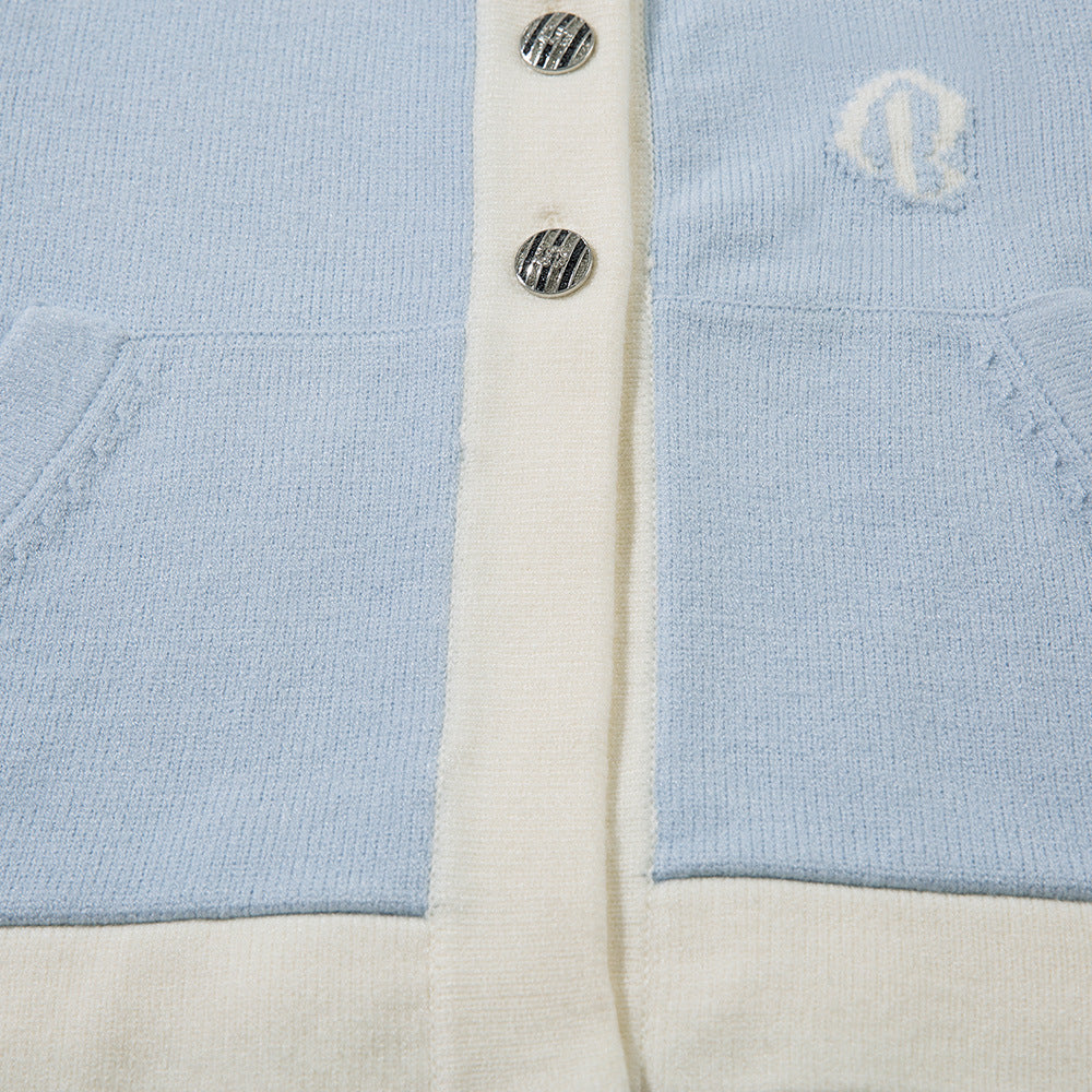 Short Length Long Sleeve Knit Cardigan  Color Block Round Neck Buttoned Sweater