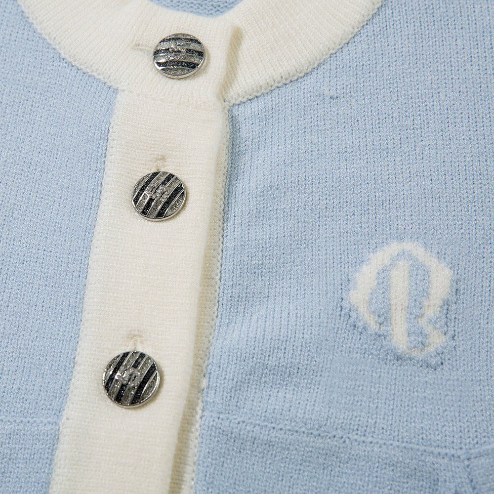 Short Length Long Sleeve Knit Cardigan  Color Block Round Neck Buttoned Sweater