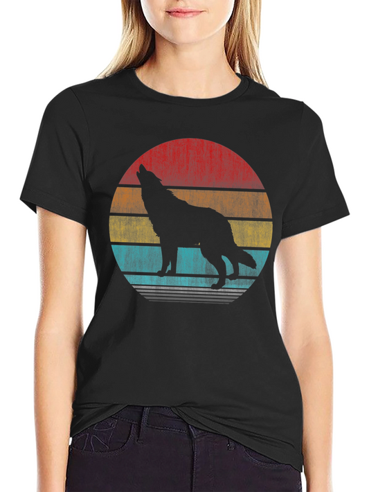 Vintage Sunset Wolf Graphic Tee - Black Cotton T-Shirt