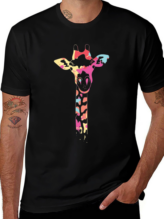 Colorful Giraffe Print Black T-Shirt