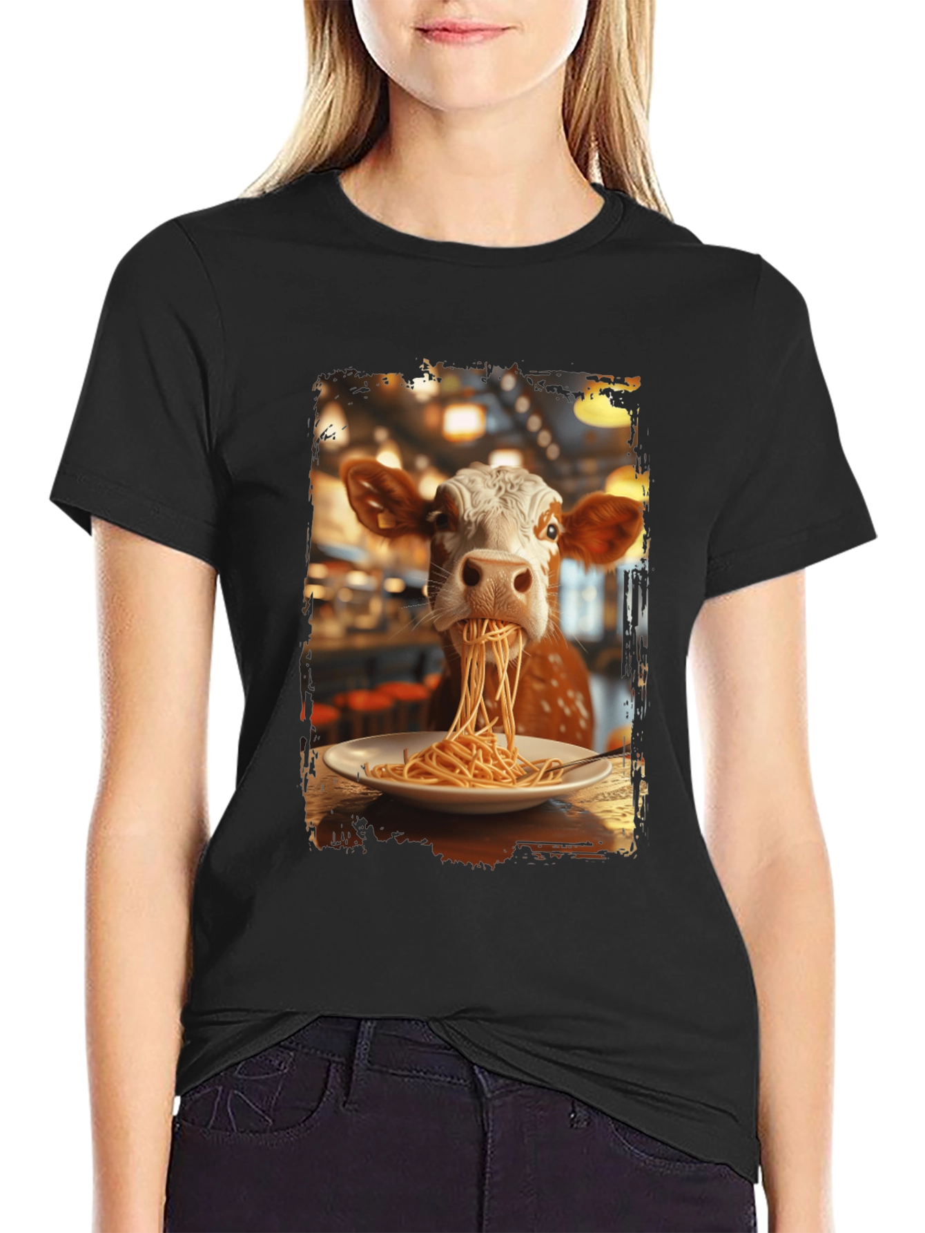 Cow Eating Spaghetti Graphic T-Shirt