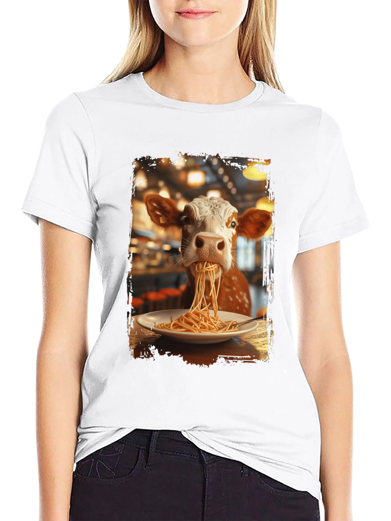 Cow Eating Spaghetti Graphic T-Shirt