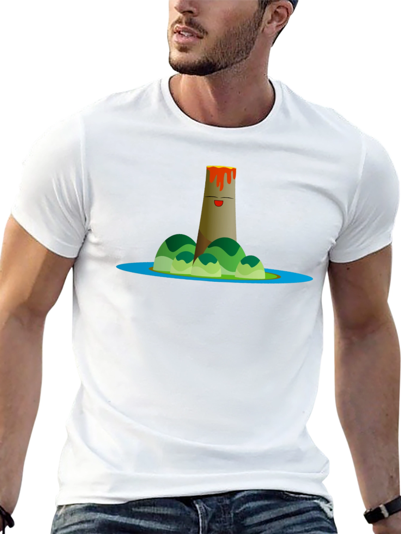 Volcano Island Cartoon Graphic Black T-Shirt
