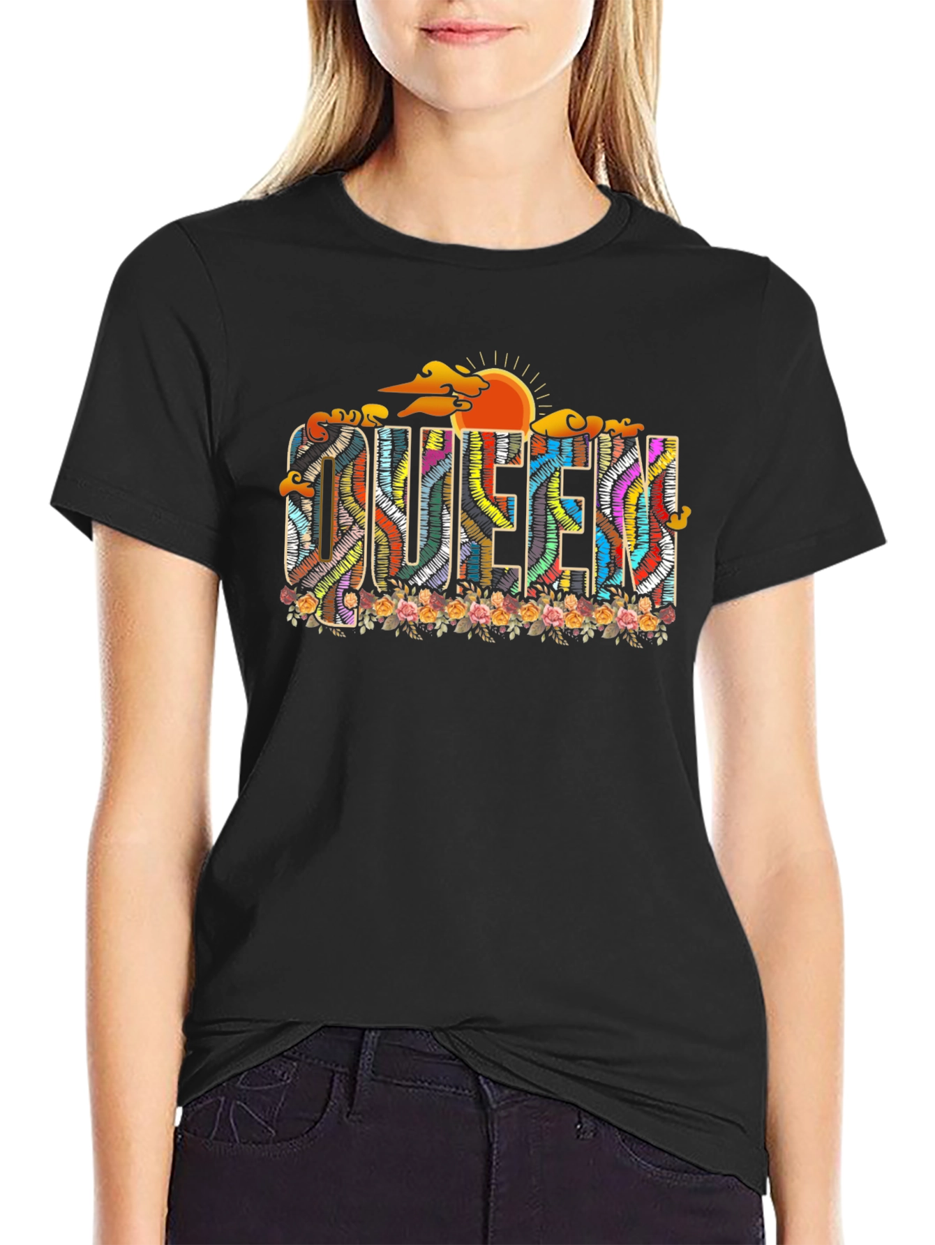 Queen Floral Graphic Black T-Shirt