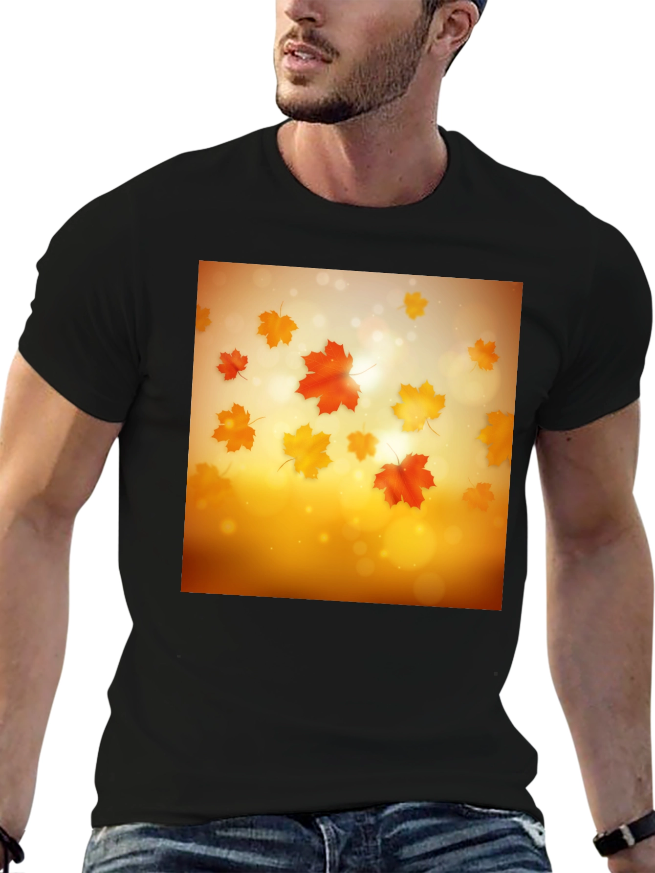 Autumn Leaves Graphic Tee - Black Cotton T-Shirt