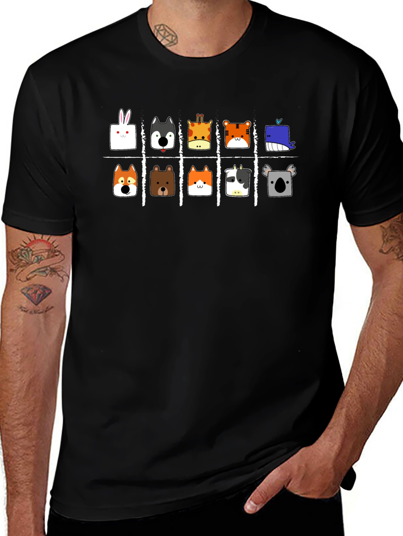 Animal Faces Tic-Tac-Toe Black T-Shirt