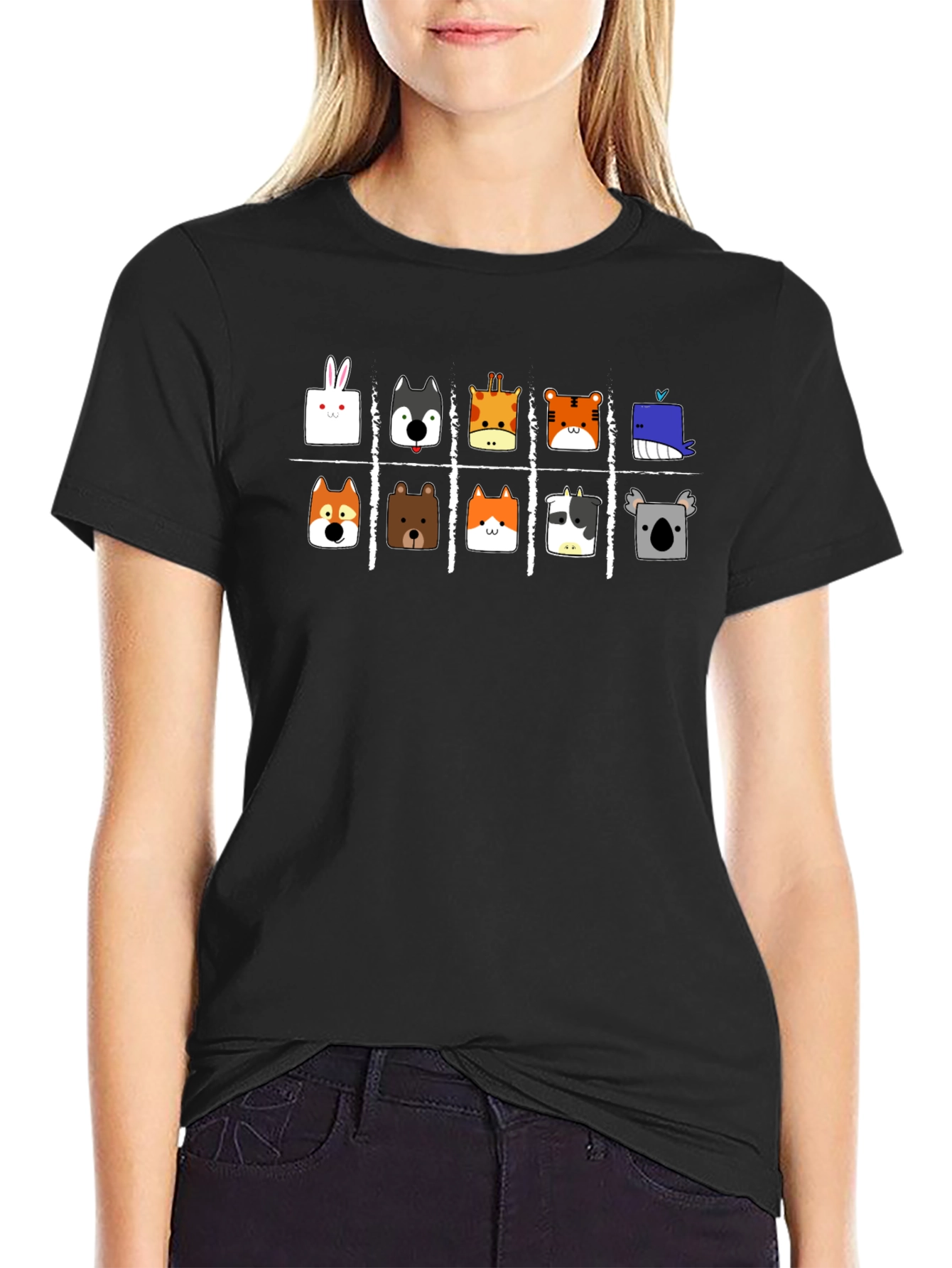Animal Faces Tic-Tac-Toe Black T-Shirt
