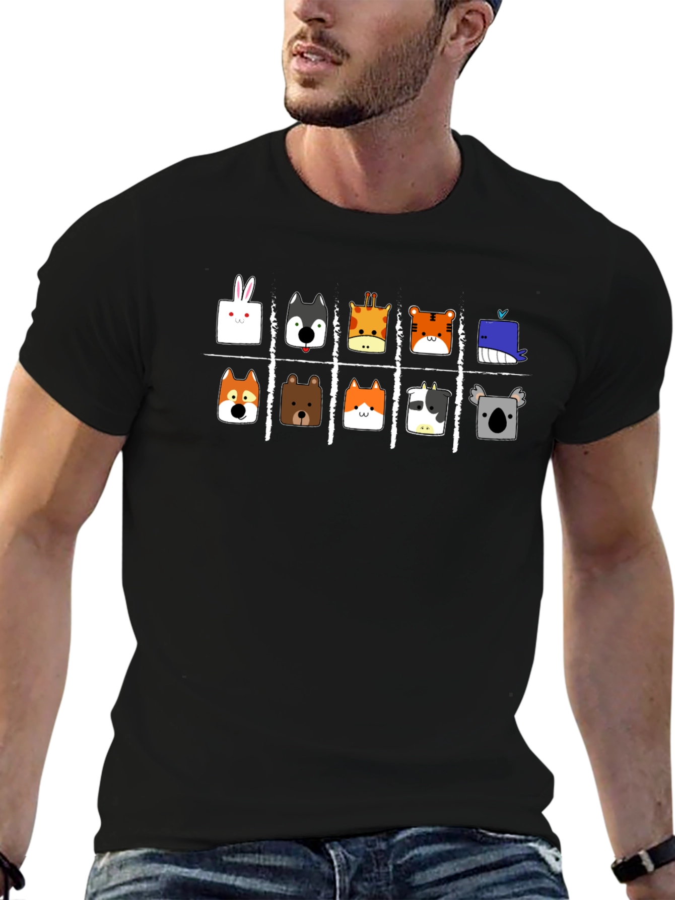 Animal Faces Tic-Tac-Toe Black T-Shirt