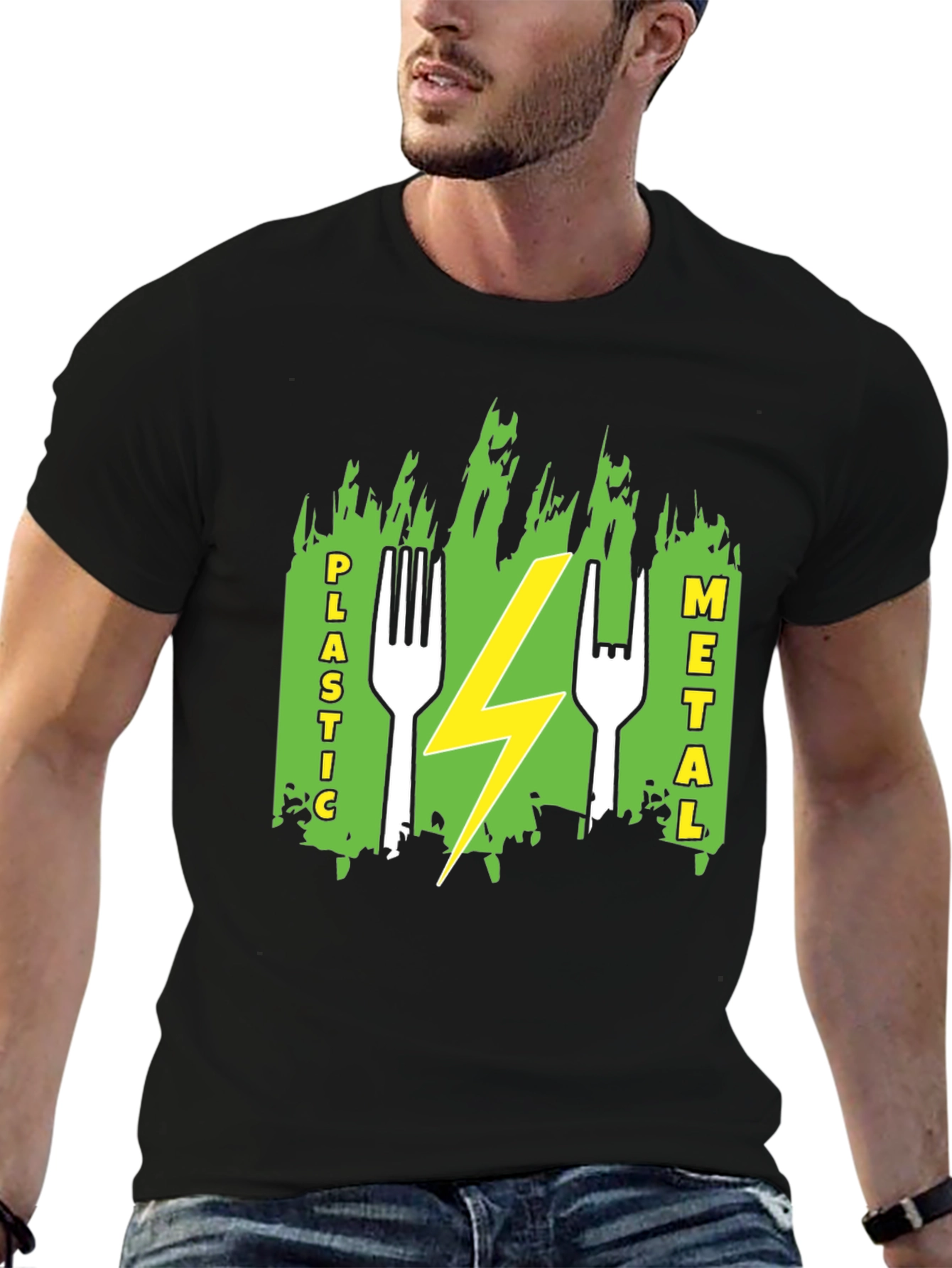 Plastic Metal Fork Lightning Bolt Graphic Tee